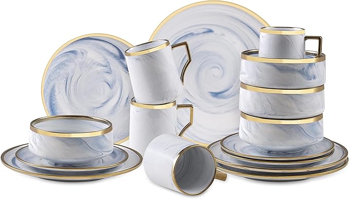 Fine China Artisan Marbled 16pc Dinner Set, Blue with Gold