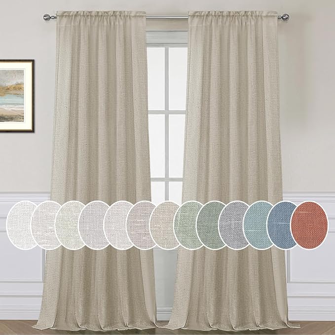 H.VERSAILTEX Linen Curtains Elegant Natural Linen Semi Sheer Curtains Energy Light Filtering Rod Pocket Window Treatments Panels for Living Room (Set of 2, Castle Wall, 52 inch W X 96 inch L)