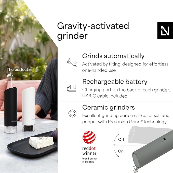 LARS NYSØM Gravity Grinder - Electric Salt & Pepper Grinder Set - USB-C Rechargeable Automatic Spice Grinder, Adjustable Coarseness, One-Handed Operation for Kitchen (Ash Gray)