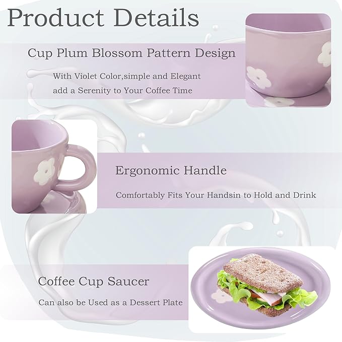 Coffee Mugs Set with Saucer Cute Purple Flowers Cup Gifts for Women for Birthday Tea Coffee Mug Saucer 250 ML Ceramic Cup Birthday Gift for Women Girls Mom Friend Coffee Mug aucer Set