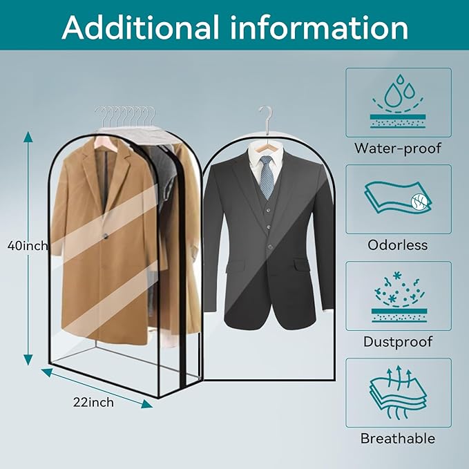 10” Gusseted Clear Garment Bags, 40” Hanging Suit Bags for Closet Storage - Protect Clothes, Suits, Coats, Dresses - 3 Pack (40 inch)