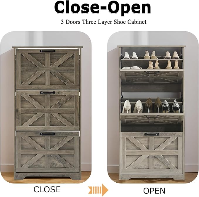 Shoe Storage Cabinet with Bench, Farmhouse Shoe Organizer with Barn Door Design, Space-Saving Hidden Narrow Shoe Rack Cabinet for Entryway, Hallway & Foyer，White