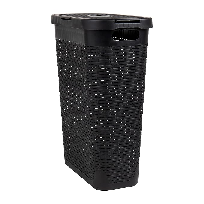 Mind Reader Slim Laundry Hamper with Lid, 40L Clothes Basket, Premium Wicker Design, Plastic, Set of 2, Black