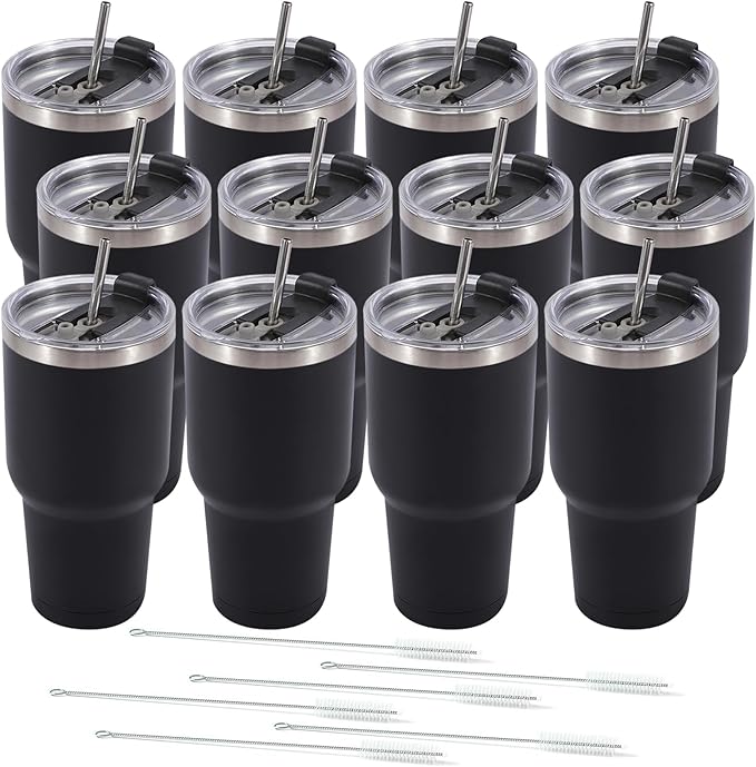 Dongni 30 oz Tumbler with Lid and Straw, Stainless Steel Tumblers Bulk, Insulated Vacuum Double Wall Travel Coffee Mug, Durable Powder Coated Tumbler Cups（Black 12 pack）