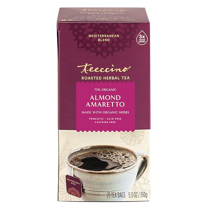 Teeccino Herbal Tea - Almond Amaretto - Rich & Roasted Herbal Tea That's Caffeine Free & Prebiotic for Natural Energy, 25 Tea Bags