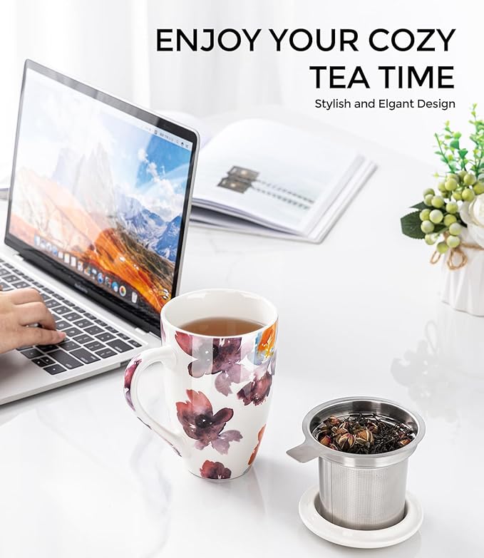 AmorArc Porcelain Tea Mug with Infuser and Lid, 18 Oz Tea Cup with Handle for Loose Leaf Tea, Gift for Tea Lovers of Men and Women