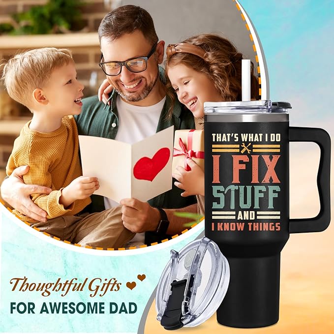 Christmas, Father Day Gifts For Dad, Men - Dad Gifts From Daughter, Son - I Fix Stuff Gift - 40 oz Tumbler with Handle, Lid and Straw Insulated