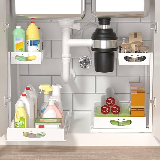 Under Sink Organizer with Pull-Out Drawers,Kitchen Sink Organizer,2 Tier Bathroom Organizers And Storage,Bathroom Accessories Set,White 2 Pack