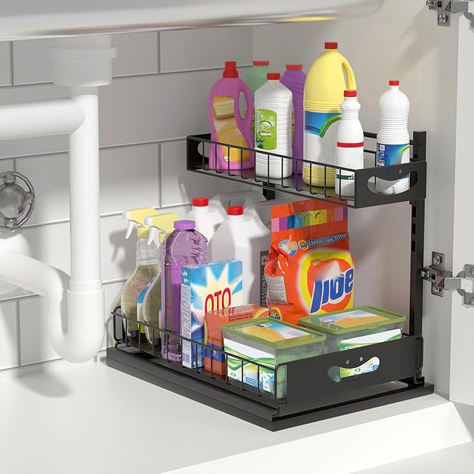 Under Sink Organizer with Pull-Out Drawers,Kitchen Sink Organizer,2 Tier Bathroom Organizers And Storage,Bathroom Accessories Set,Black 1 Pack