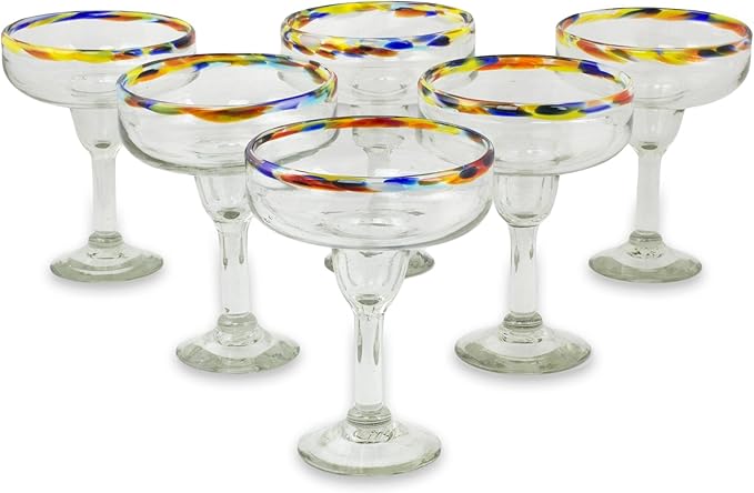 NOVICA Artisan Handmade Blown Glass Margarita Clear Multicolor Mexico Tableware Drinkware 'Confetti Path' (set of 6)