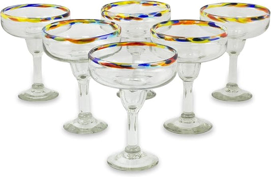 NOVICA Artisan Handmade Blown Glass Margarita Clear Multicolor Mexico Tableware Drinkware 'Confetti Path' (set of 6)
