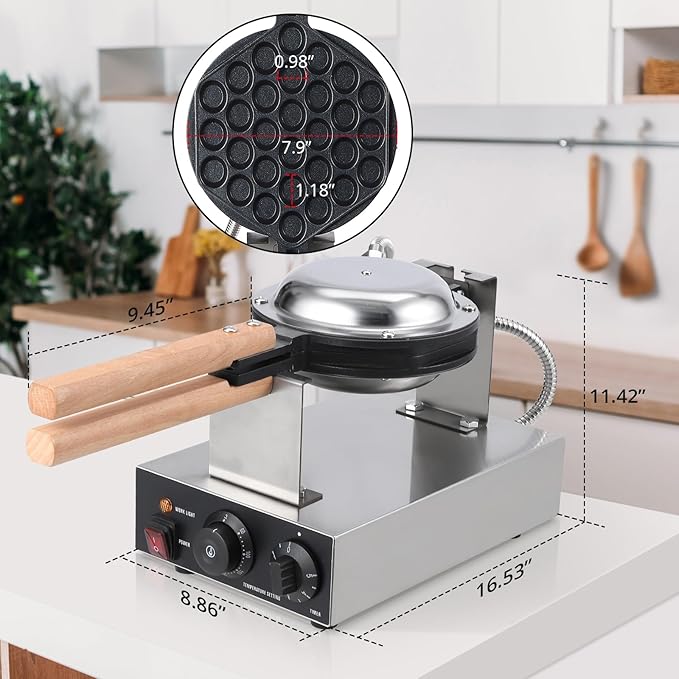 Garvee Electric Bubble Waffle Maker, 2800W Round Waffle Iron Bubble Waffle Maker Non-Stick Egg Machine for Home and Commercial Use, Single