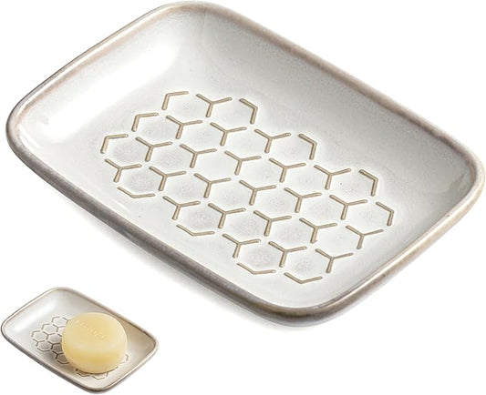 Gomakren Soap Dish for Shower, Bar Soap Holder, Christmas Ceramic Soap Dishes for Bar Soap, Sponge Holder Soap Saver Soap Tray for Bathroom Kitchen Sink, 5.5 Inch, Beige