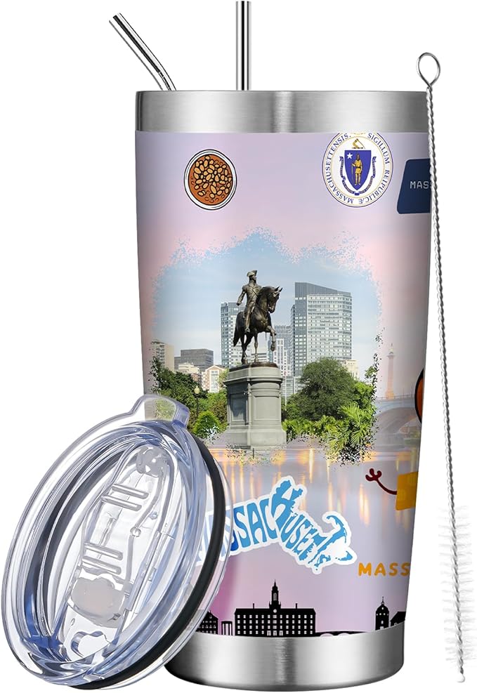 20oz Insulated Tumbler Massachusetts State Coffee Mug, United States Map Travel Mug Landmark, Birthday Gifts Cute Custom Tumbler Cups with Lid and Straw Mothers Day Gifts