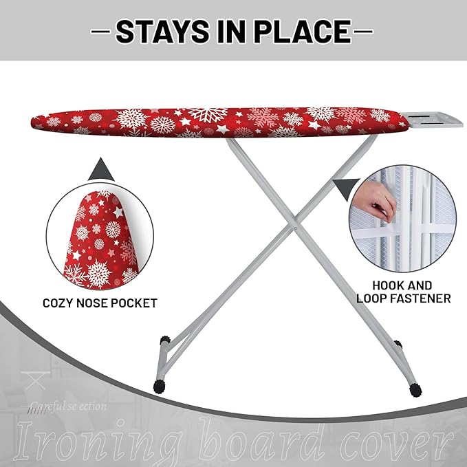 Extra Thick Ironing Board Cover and Pad, Christmas 15x54 Ironing Board Cover, Resist Scorching and Staining,Christmas Winter Snowflakes Xmas Red