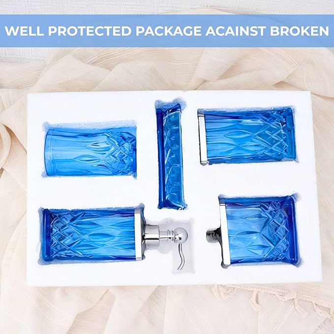 Bathroom Accessories Set,5 Pcs Blue Glass Bathroom Accessory Set,Complete Lotion Soap Dispenser, Toothbrush Holder,Soap Dish,Tumbler & Jar,Modern Bathroom Decor Sets,Gift for Home Apartment,Square