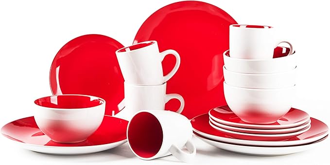 Stoneware Coupe Shape 16pc Dinnerware Set, Outside White + Inside Red
