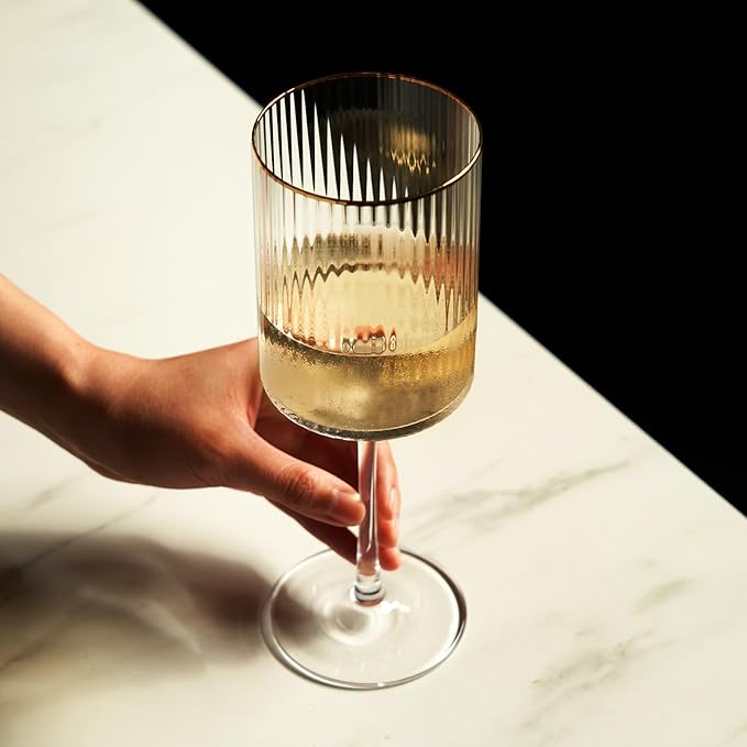 Viski Meridian Wine Glasses with Gold Rim, Crystal Drinking Glasses for Red and White Wines, Elegant Stemmed Glassware for Wedding Gifts, Birthday, Holiday, Dinner Party, Wine Lovers, 16 oz, Set of 2