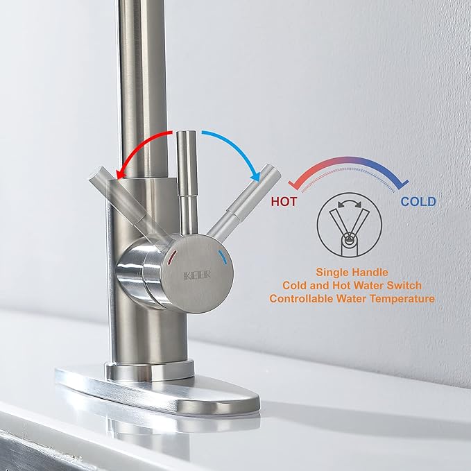Keer Brush Nickel Single Handle Pull Down Kitchen Faucet with Soap Dispenser, 3 Modes Sprayer, Easy Assembly, Single Handle High Arc Stainless Steel Faucet