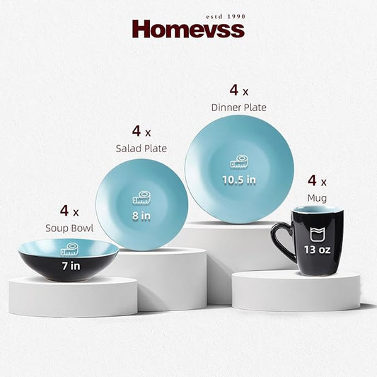 Stoneware Two-Tone Colors Life 16pc Dinner Set， Outside Shiny Black + Inside Matte Glaze Turquoise