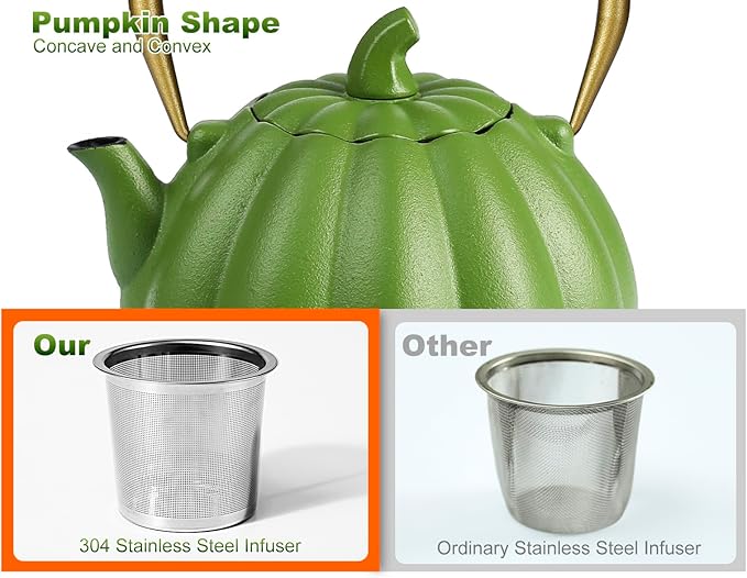 VICSKY Pumpkin Cast Iron Teapot (40 oz/1200 ml), Cute Natural Pumpkin Shape, Cast Iron Tea Kettle with Enamel Coated for Loose Tea Leaf, Stovetop Safe(Light Green)