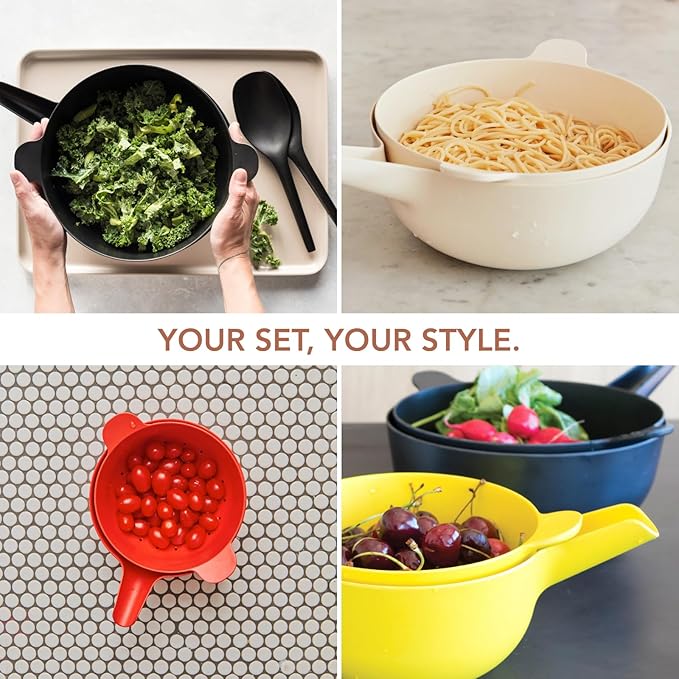 EKOBO Small Mixing Bowl and Colander Set Black– 60 oz BPA-Free Eco-Composite – Nesting Kitchen Mixing Bowls for Washing Mixing Serving – Compact Dishwasher Safe Kitchen Essentials