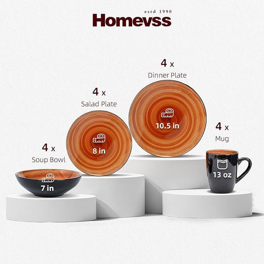 Sonoma Stoneware 16pc Dinnerware Set, Outside Black + Inside Hand Painting Color Spice