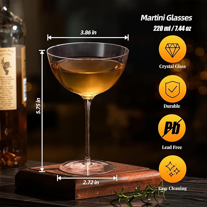 KAMMAK Martini Glasses Set of 2, 7.44 oz Clear Crystal Cocktail Glasses with Stem, Reusable Cocktail Glassware for Wedding Birthday Party, Bar, Margarita, Whiskey, Gin, Tequila, SS024