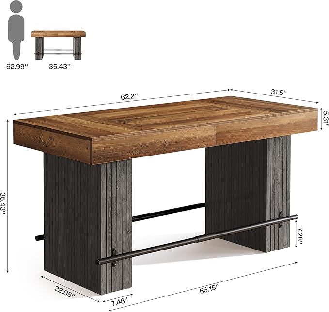 Tribesigns 62.2 Inch Bar Table, Industrial Counter Height Pub Dining Table, Rectangular Home Bar Units with Metal Footrest for Home Kitchen, Dining Room, Bistro
