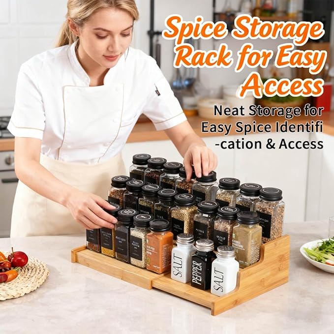JinDoWin 2 Pack Bamboo Spice Organization for Cabinet, Cabinet Spice Organizer, 3-Tier Spice Rack Organizer for Cabinet, Kitchen Seasoning Organizer & Seasoning Rack