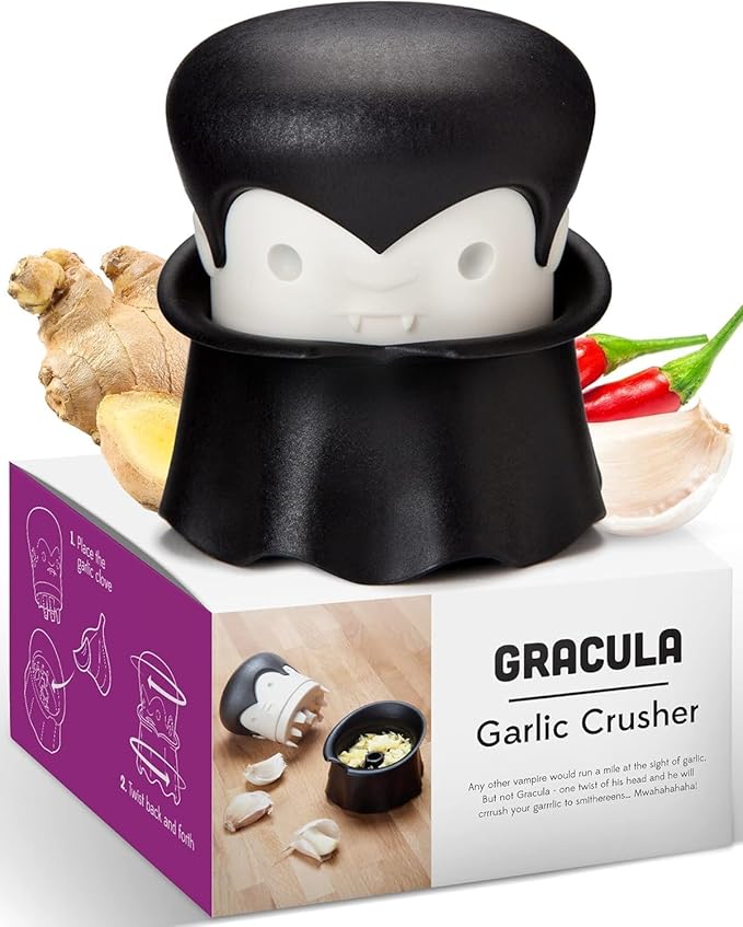 OTOTO Gracula Garlic Crusher, Garlic Peeler, Also for Ginger, Nuts, Chili, Herbs - Twist Top Mincer & Easy Squeeze Manual Press Peeler, Goth Gifts