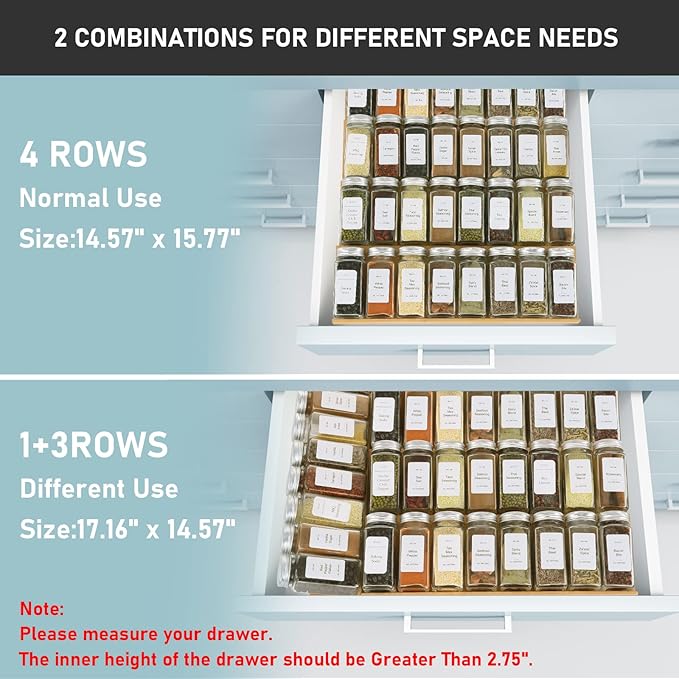 Spice Drawer Organizer with 28 Spice Jars,216 Labels,25 Non-slip Rubber, Bamboo 4 Tier Seasoning Rack Tray Insert for Kitchen Drawers,Cabinets,Countertop,14.6" Wide x 15.8" Deep