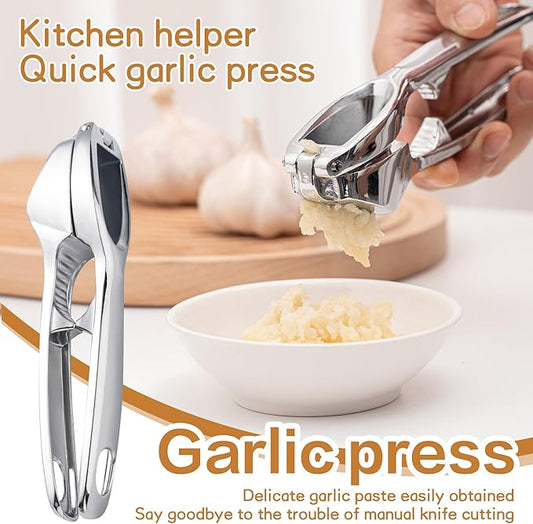 Kitchen Premium Garlic Press - Zinc Alloy Garlic Press effortlessly crushes garlic cloves, ginger chunks, nuts, and seeds. Comfortable to use and dishwasher safe.