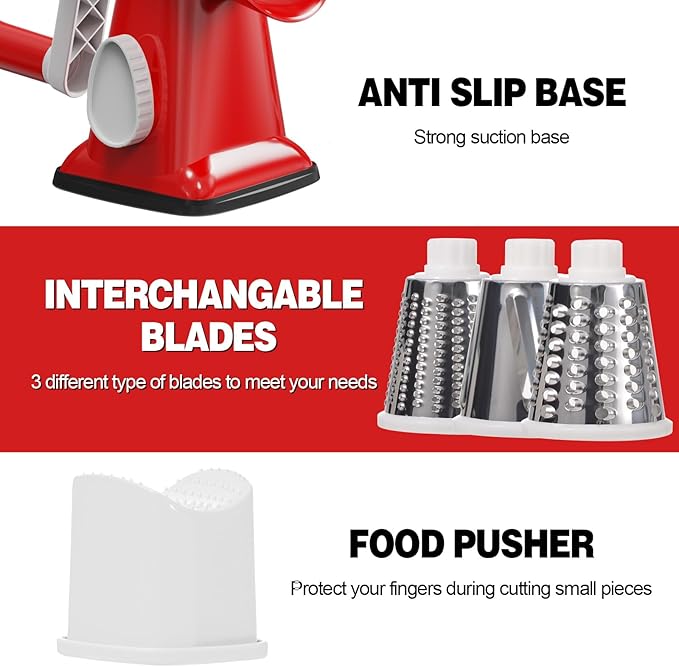 Cheese Grater Cheese Shredder with 3 Interchangeable Blades, Rotary Cheese Grater Manual Vegetable Slicer with Non-slip Suction Base Peanut Nuts Grinder Vegetable Shredder Red