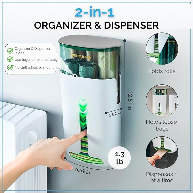 Plastic Grocery Bag Dispenser & Organizer – Wall/Under-Sink Trash Bag Holder for Rolls & Loose Bags – Adhesive Mount – Slim Space Saver for Kitchen, Pantry