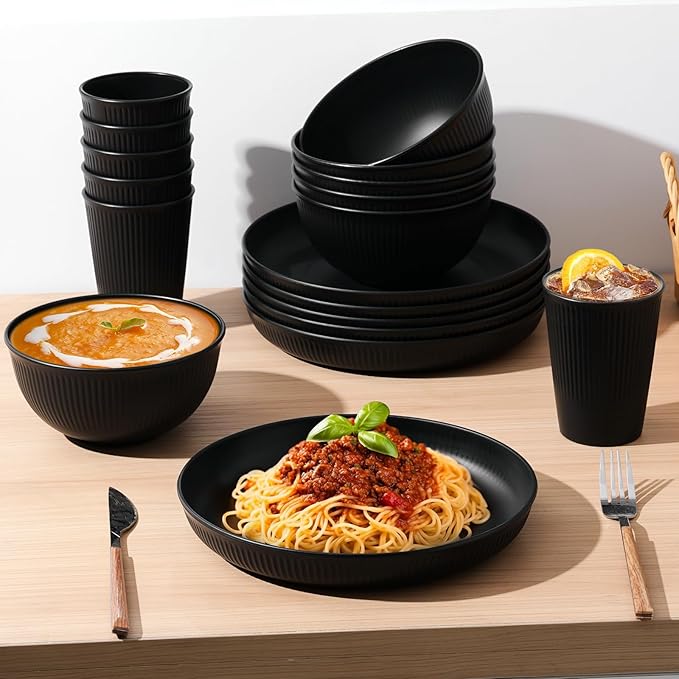 Cythia Plates and Bowls Sets for 6, 18 Pieces Kitchen Dinnerware Set Plastic Dishes Set Wheat Straw Reusable Dinner Plates, Cereal Soup Bowls and Cups Tableware for Home Parties Camping