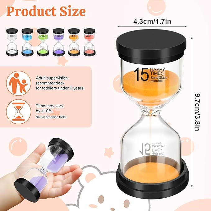 Sand Timer Set, 6 Colors Hourglass Sand Timers 1/3/5/10/15/30 Minutes Sandglass Timers Sand Clock Timer for Classroom Games Home Office Decor Cooking with Protective Cover, 6 Pack