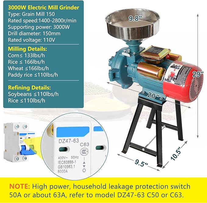 NAIZEA Grain Mills Electric Grinder Mill, 3000W Commercial Corn Mill Grinders, 110V Flour Wheat Rice Cereals Machine, Heavy Duty Dry Cereals Grinders With Funnel (Dry Grinder)