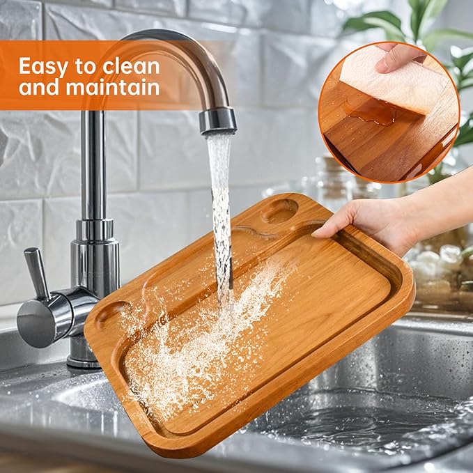 Wooden Steak Plates include 2 Sauce Cups, Wood Steak Board Set Serving Tray for Food Meat Cutting Board with Juice Groove, Charcuterie Board Platter for Home