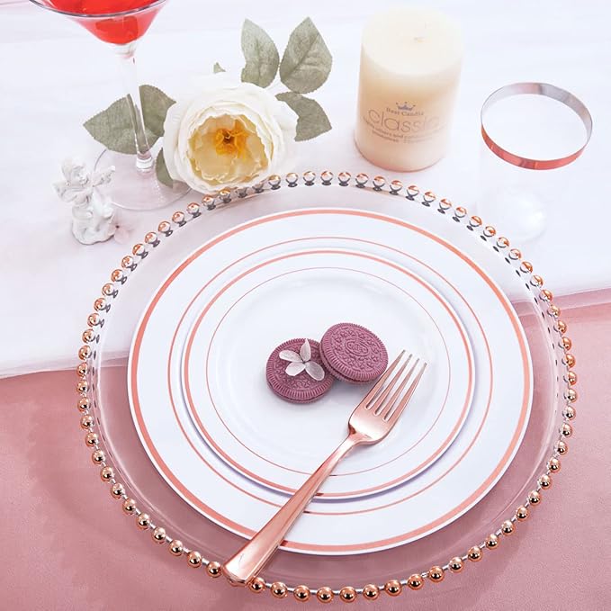 WDF 120 pieces Rose Gold Plates Disposable - Heavy Duty Rose Gold Plastic Plates Perfect for Valentines Day, Mother's Day, Wedding, Birthday