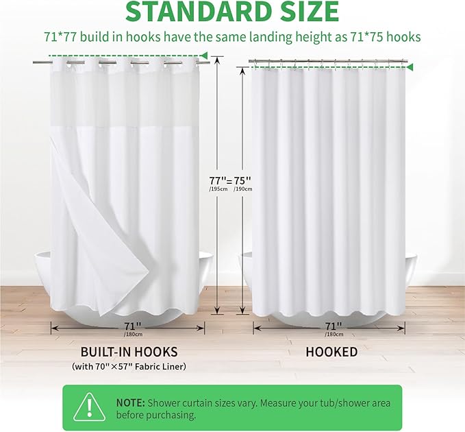 No Hooks Needed Linen Textured Shower Curtain with Snap-in Fabric Liner Set,White Hotel Luxury Decor Shower Curtains for Bathroom with Mesh Top Window,Waterproof & Washable,71Wx77H
