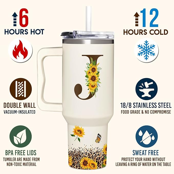 Personalized Birthday Gifts For Women - Sunflowers Monogrammed Cup For Boss Day, Christmas - Customized Gifts For Women, Mom, Wife, Coworkers, Boss Lady, Her - Custom Tumbler With Handle 40oz