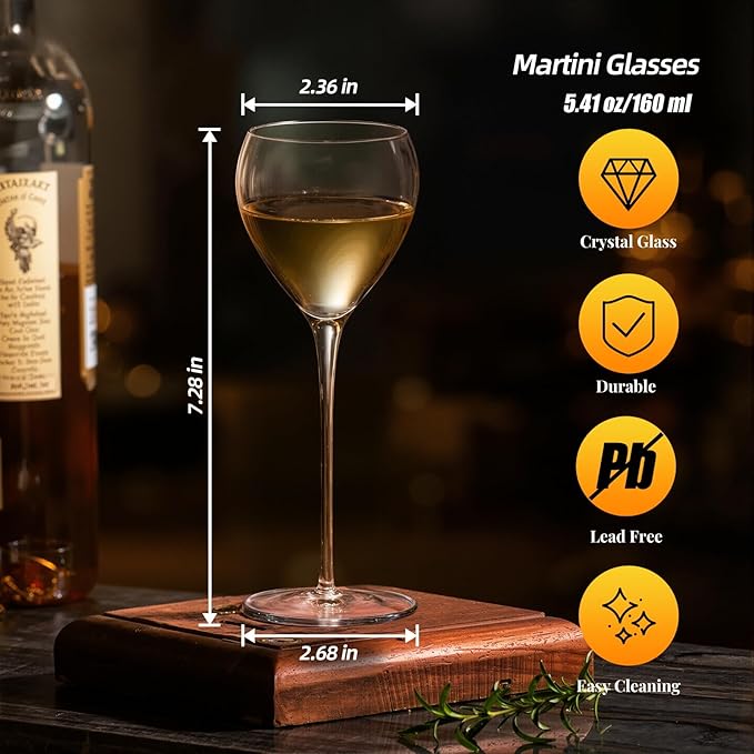 KAMMAK Martini Glasses Set of 2, 5.41 oz Clear Crystal Cocktail Glasses with Stem, Reusable Cocktail Glassware for Wedding Birthday Party, Bar, Margarita, Whiskey, Gin, Tequila, ZY12701