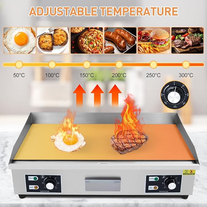 GarveeHome 29 in Stainless Steel Electric Griddle, 3000W Non-Stick Commercial Flat Top Grill, 122℉-572℉ Temperature Adjustable, Countertop Teppanyaki Grill for Indoor Outdoor, Silver