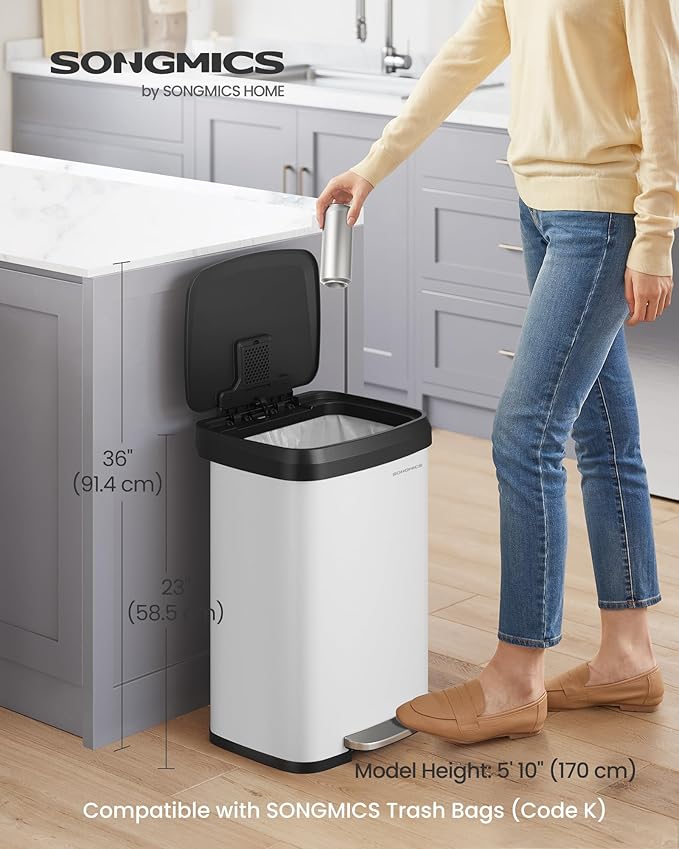 SONGMICS Kitchen Trash Can, 13 Gallon (50 L) Stainless Steel Garbage Can, with Stay-Open Lid and Step-on Pedal, Soft Closure, Tall, Large and Space-Saving, White and Black ULTB530W50