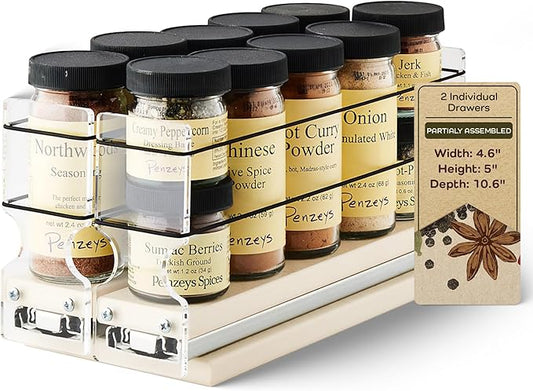 Vertical Spice - Narrow Pullout Spice Rack - Sliding Drawer for Kitchen Organization - Pantry Organizers and Storage - 2 Drawers - 10 Spice Jar Capacity (4.6" W x 5.0" H x 10.6" D, Cream)