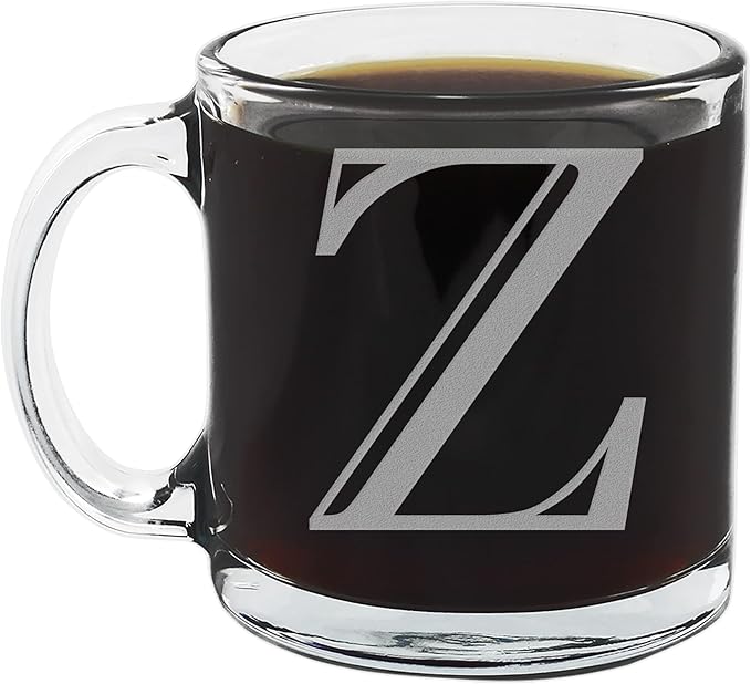 Spotted Dog Company Etched Monogram 12oz Clear Glass Coffee Mug (Letter Z), A-Z Customized Coffee Gifts, Custom Engraved Gifts for Women Her, Personalized Gift for Men, Initial