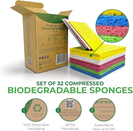 Biodegradable Compressed Cellulose Sponges - Pack of 32 Pop Up Natural Dish Sponges - Multicolor Non Scratch, Heavy Duty, Multipurpose, Compostable and Eco Friendly