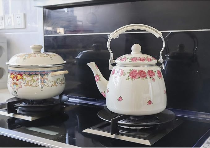 Enamel Teapot floral,Large Porcelain Enameled Teakettle,Colorful Hot Water Tea Kettle pot for Stovetop,Small Retro Classic Design (3.3L, style3)