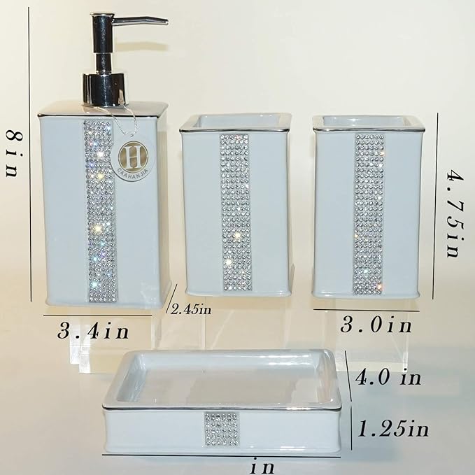 Bathroom Accessories Set 4 Pcs-Ceramic Gift Set Soap Dispenser Pump & Toothbrush Holder & Tumbler Cup & Soap Dish - Bathroom Home Decor Clearance, Countertop Vanity Organize(12 Ounce White)